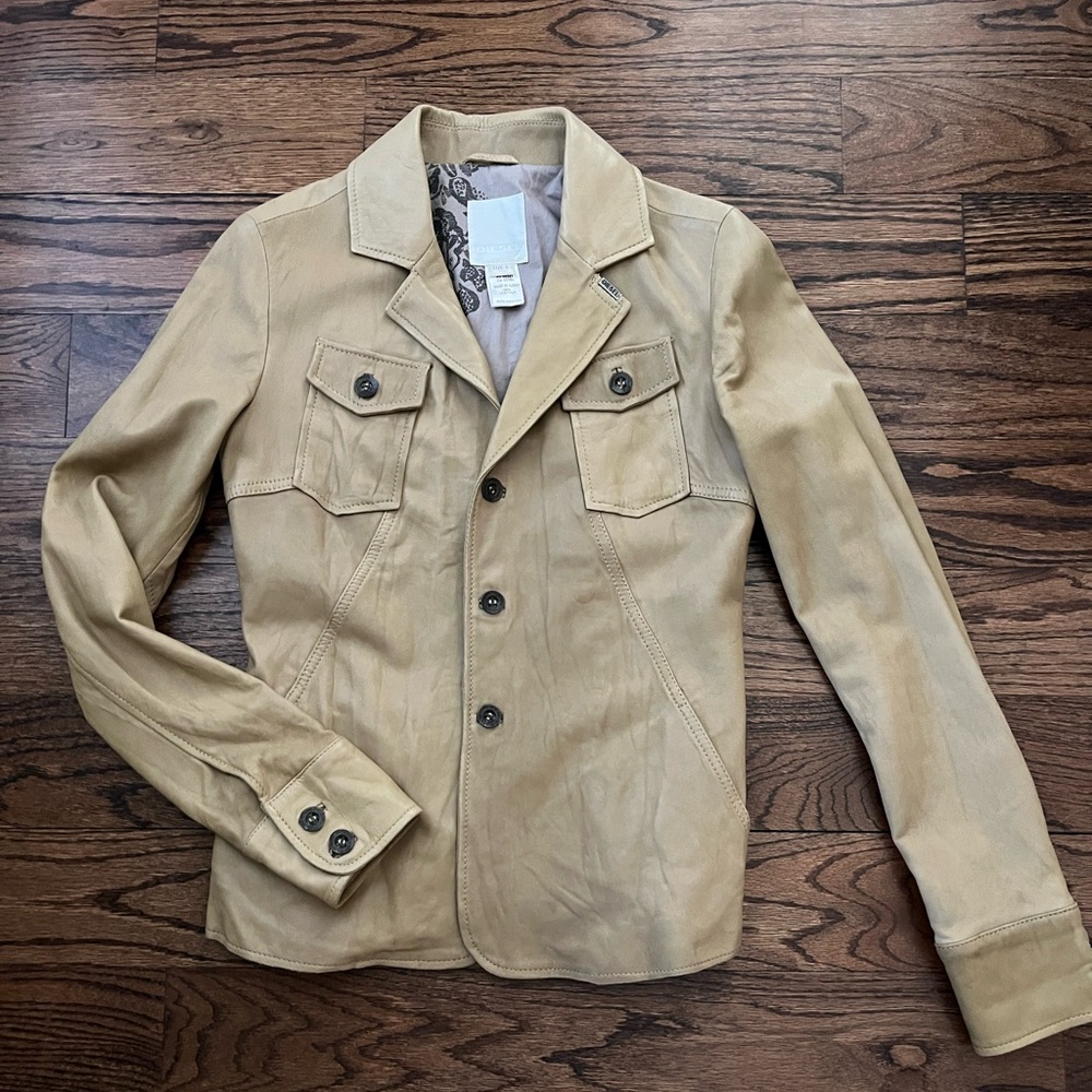 NWOT Unisex Y2K Diesel Brand Beige/Sand Color Leather Blazer/Jacket.  Size Small